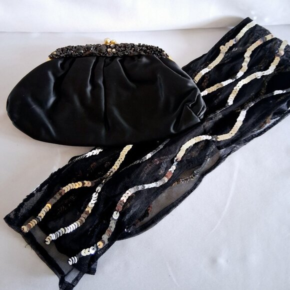 Lot of 2 Item Elegant Black Fabric Clutch Bag And Sequined Scarf - Picture 1 of 10